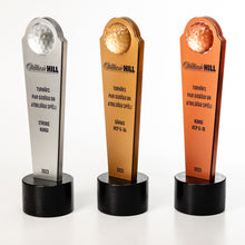 Load image into Gallery viewer, Gold, Silver, Bronze golf trophies