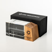 Load image into Gallery viewer, Bespoke glass trophy with 3D engraved logo