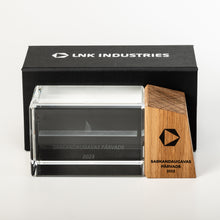 Load image into Gallery viewer, Glass award with 3D logo and handcrafted gift box