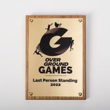 Load image into Gallery viewer, Oak wood plaque with supplemented metal plate.