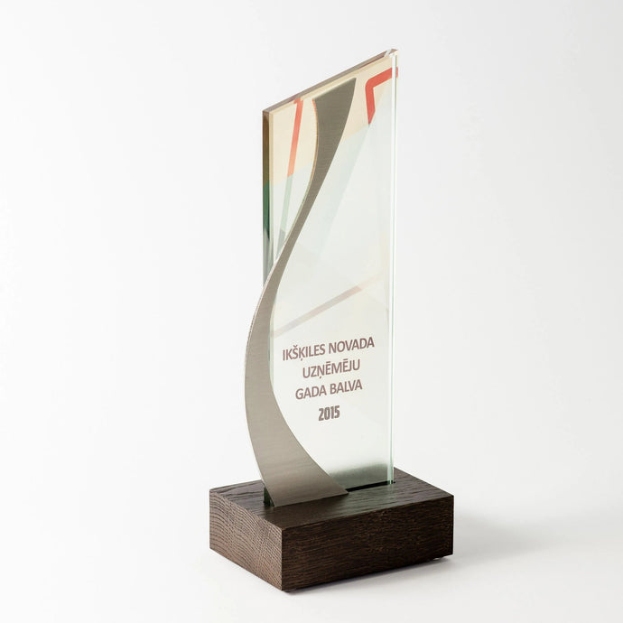 Custom glass award with metal parts_personalised printing_Awards and Medal Studio