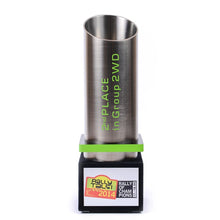 Load image into Gallery viewer, Custom_rally_trophy_metal cylinder_acrylic_black velvet base_engravings_Awards and Medal Studio_1
