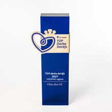 Load image into Gallery viewer, Custom design acrylic block award with brass logo element. UV flat bed print.
