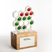 Load image into Gallery viewer, 3D cut custom award produced from oak wood and Meganite solid surface supplemented with glass nuggets_full colour printing