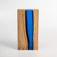 Load image into Gallery viewer, Custom wood resin award. Hardwood oak combined with deep blue resin. Customised print.
