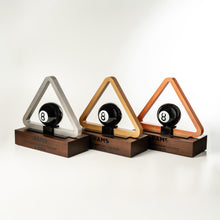 Load image into Gallery viewer, Billiard trophies- Three triangular wooden stands with black eight-ball design