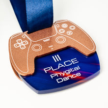 Load image into Gallery viewer, Medal designed like a gaming controller with 'PLACE Phygital Dance' text on a blue background