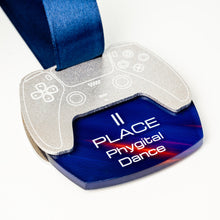 Load image into Gallery viewer, Medal designed like a gaming controller with 'PLACE Phygital Dance' text on a blue background