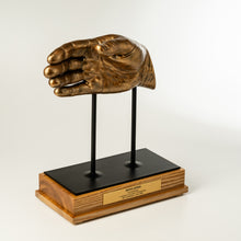 Load image into Gallery viewer, Bronze hand sculpture on a wooden base with a white background