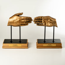 Load image into Gallery viewer, Two bronze hand sculptures on stands against a white background