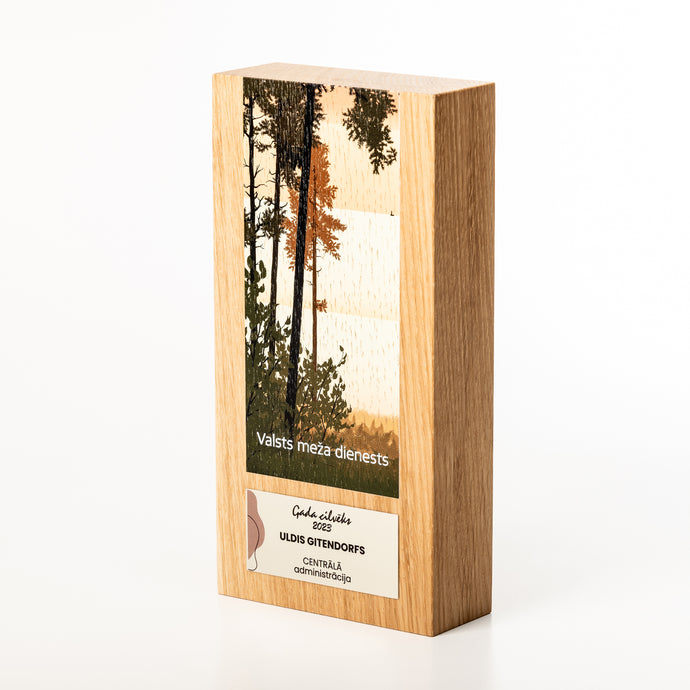 Free standing wood block award with UV flat bed print