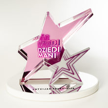 Load image into Gallery viewer, Star-shaped award with pink and purple design on a white background