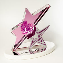 Load image into Gallery viewer, Star-shaped award with pink and purple design on a white background