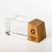 Load image into Gallery viewer, Bespoke glass- wood award with 3D engraving