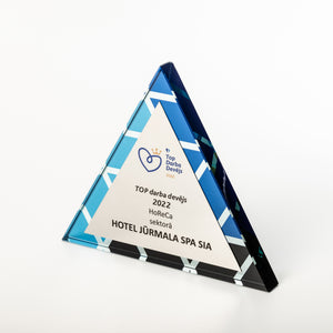 Custom free standing glass award with uv flatbed print