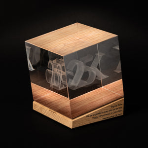 Bespoke glass cube award with 3D engraving