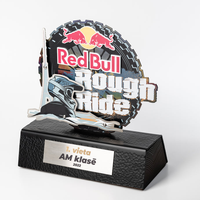 Bespoke red Bull trophy. Trophy with colourful print. Custom design trophy.
