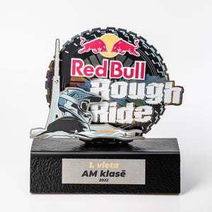 Bespoke red Bull trophy. Trophy with colourful print. Custom design trophy. 