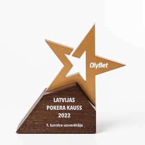 This striking bespoke award is made from Gold coloured acrylic Star, finished with colourful UV flat bed print.