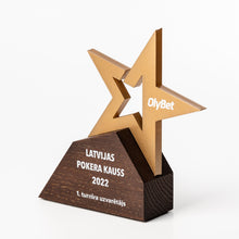 Load image into Gallery viewer, Custom design Star award. This striking bespoke award is made from Gold coloured acrylic Star, finished with colourful UV flat bed print.