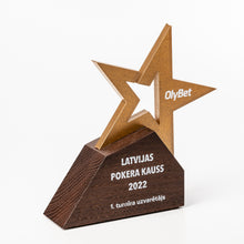 Load image into Gallery viewer, This striking bespoke award is made from Gold coloured acrylic Star, finished with colourful UV flat bed print. Custom design.
