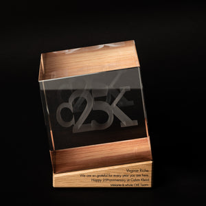 Custom glass cube award with 3d engraved logo