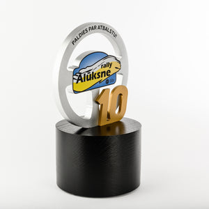 Custom Silver steering wheel trophy_aluminium_wood_acrylic_trophy_full colour print_Awards and Medal Studio
