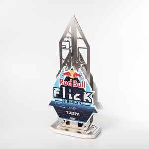 Custom metal trophy with colourful digital print.