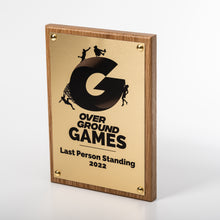 Load image into Gallery viewer, Sustainable wood award set- plaque and award produced from oak wood and metal.