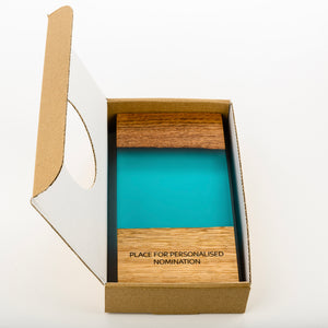 Custom wood-resin art award with personalised engraving_cardboard box_Awards and Medal Studio 1