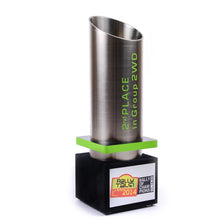 Load image into Gallery viewer, Custom_rally_trophy_metal cylinder_acrylic_black velvet base_engravings_Awards and Medal Studio_3