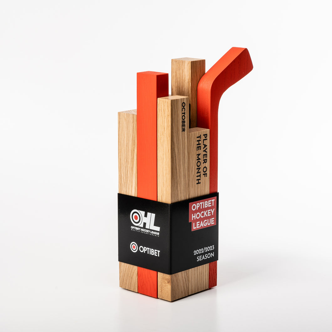 Custom design free standing wood trophy for Hockey League.