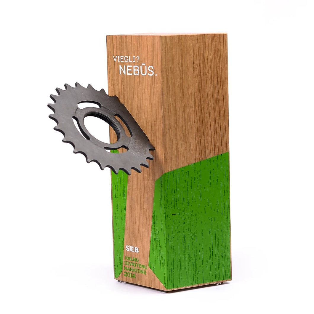 Custom wood block award_with embedded wheel gear_personalised engraving_Awards and Medal Studio