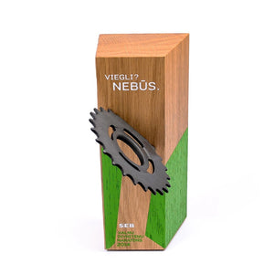 Custom wood block award_with embedded wheel gear_personalised engraving_Awards and Medal Studio_2