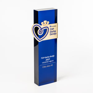 Deep blue acrylic award, brass logo supplemented onto the surface of acrylic.