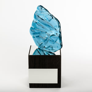 Custom design fused glass_ solid hardwood base trophy_bespoke award_design_laser engraving_digital print_creative design_Awards and Medal Studio