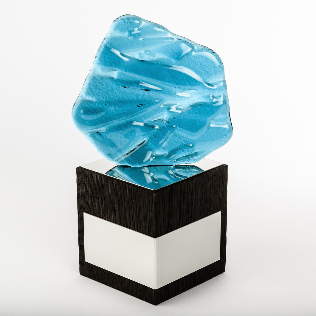 Custom design fused glass_ solid hardwood base trophy_bespoke award_design_laser engraving_digital print_creative design_Awards and Medal Studio_1