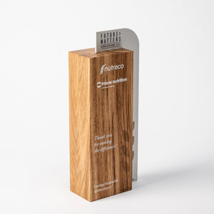 Eco friendly wood metal trophy with personalised UV flat bed print.