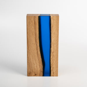 Custom wood resin award. Hardwood oak combined with deep blue resin. Customised print.