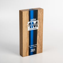 Load image into Gallery viewer, Handcrafted custom wood resin award. Hardwood oak combined with deep blue resin. Customised print.