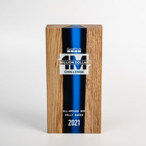 Handcrafted custom wood resin award. Hardwood oak combined with deep blue resin. Customised print.