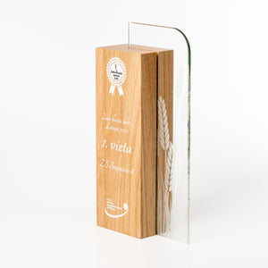 Eco- friendly wood glass trophy, unique design. Laser engraving, UV flat bed print.