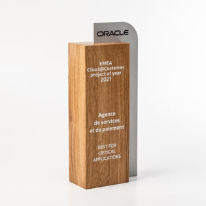 Eco friendly wood metal trophy with personalised UV flat bed print.