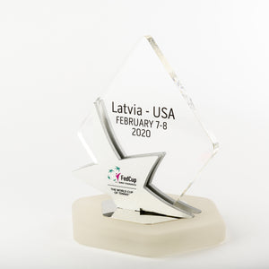Special custom awards for the World Cup of Tennis_Acrylic_polished metal award with full colour print_Awards and Medal Studio